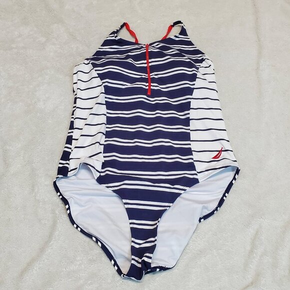 Nautica Blue White Striped Quarter Zip Red Zipper One Piece T Strap Swimsuit XL - Picture 1 of 9